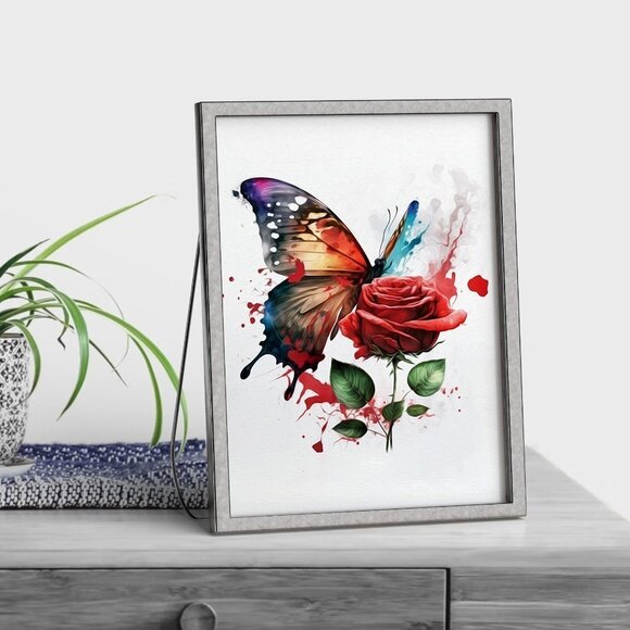 NobleCaptures Other - Butterfly with a Single Red Rose Watercolor Oil Painting Art Print